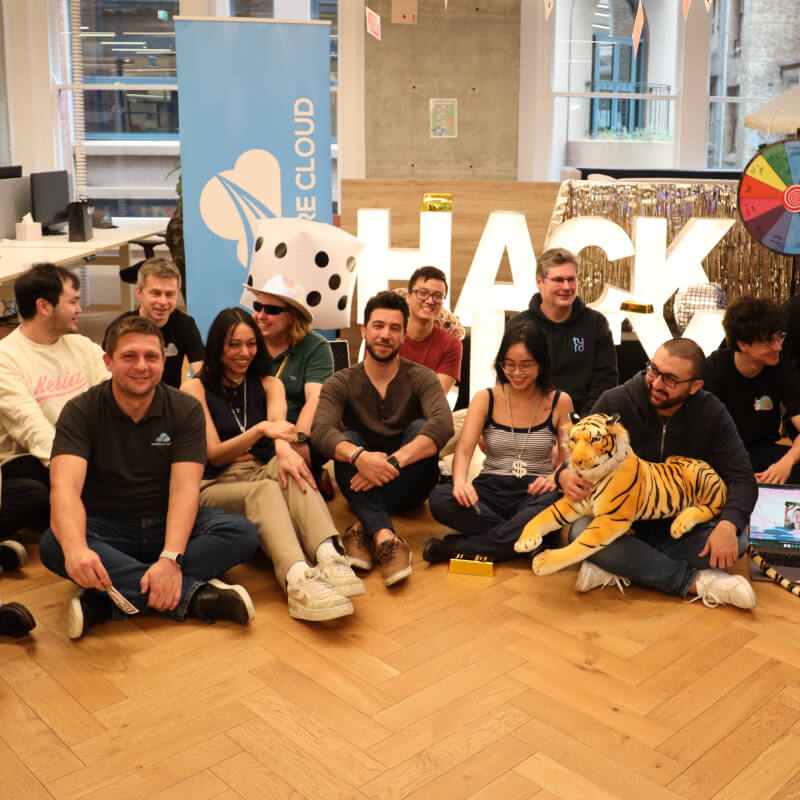 A NurtureCloud team group photo during a Las Vegas-themed hackathon event